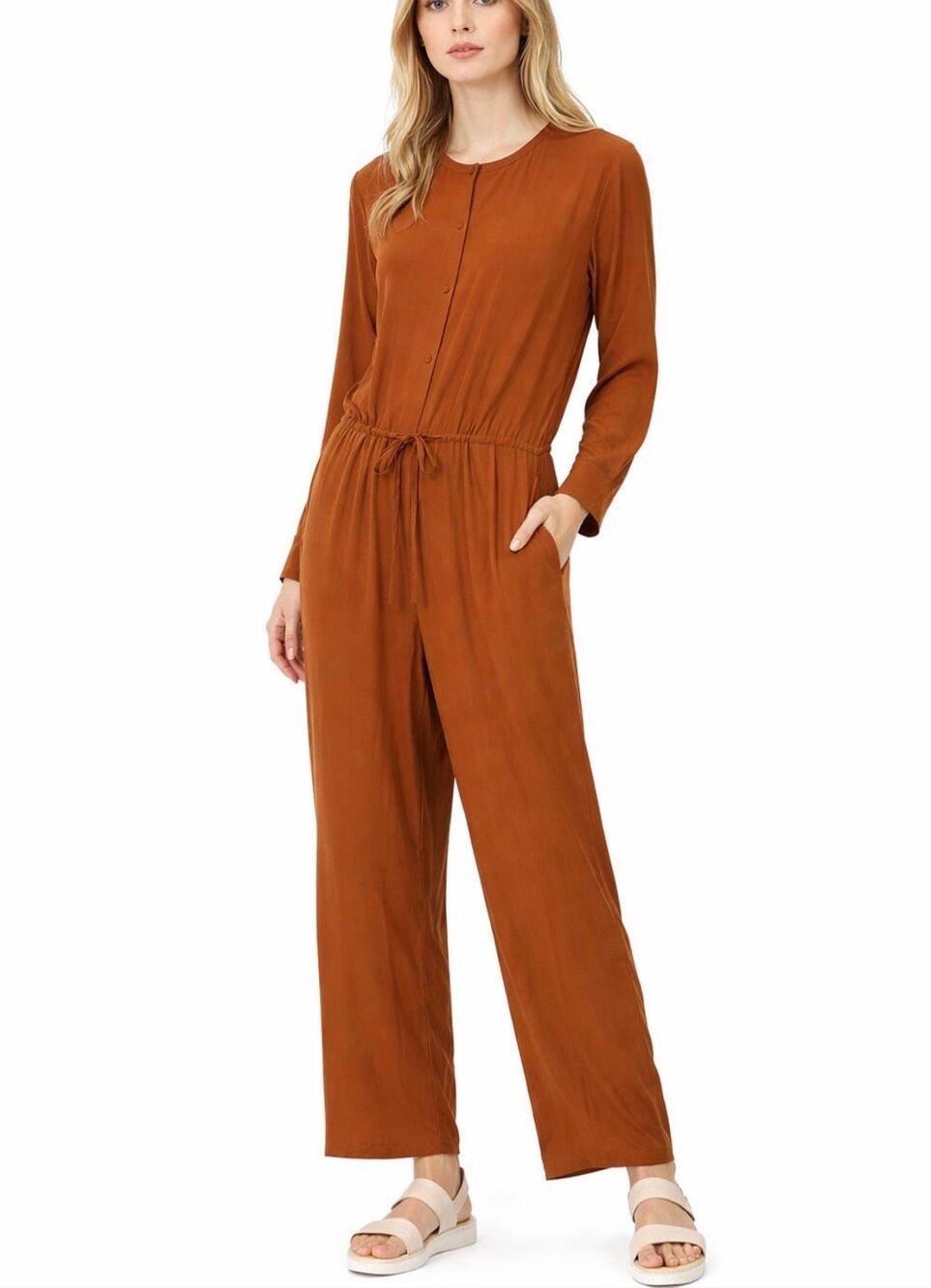 Eileen Fisher 100% Silk Georgette Jumpsuit Rust Brown Size L